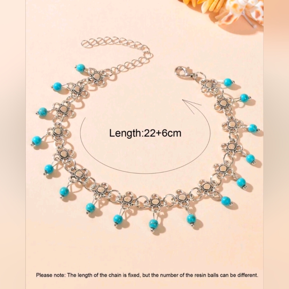 Silver and Turquoise Beaded Anklet - Picture 3 of 5